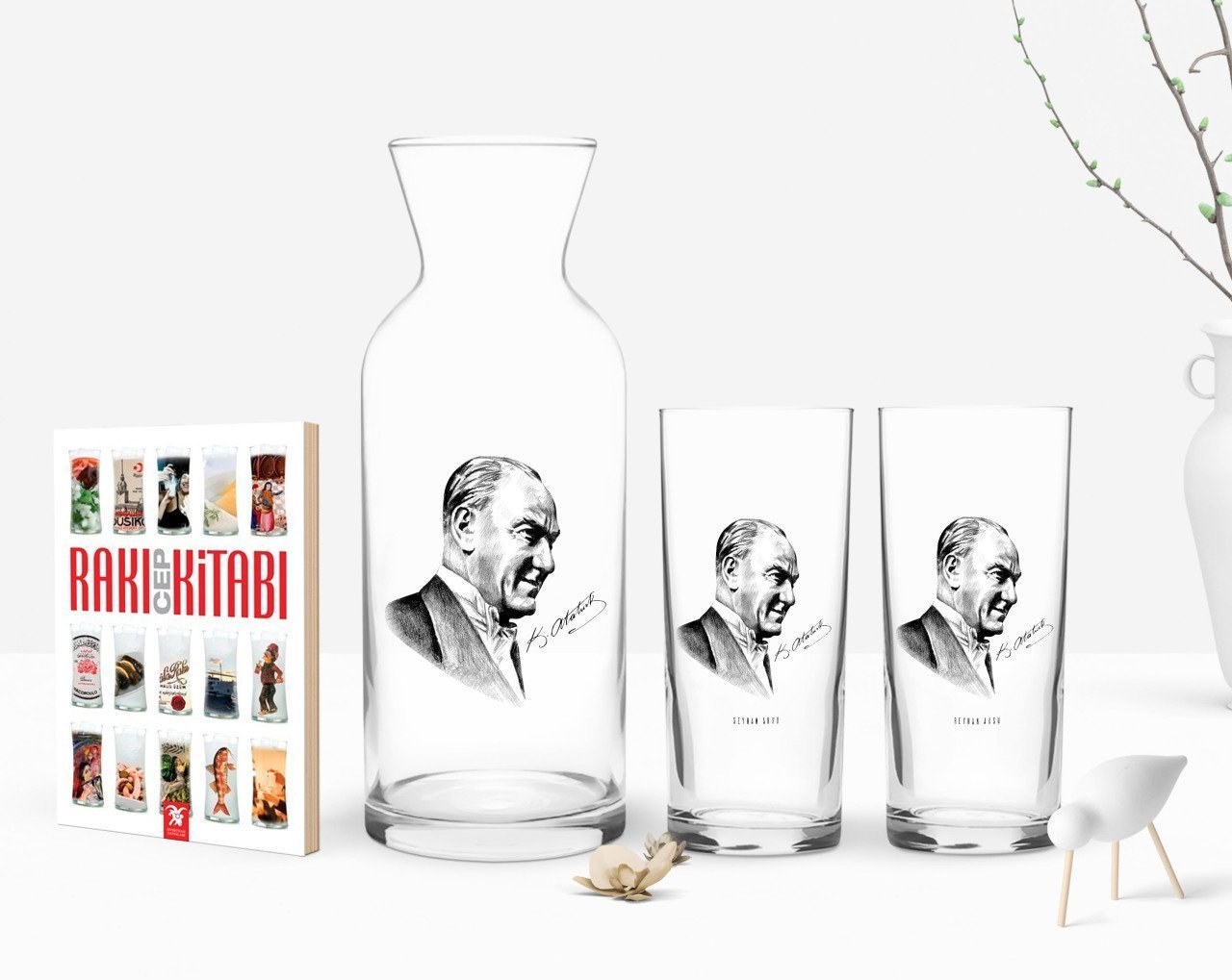 Kişiye Özel Renkli Baskılı Atatürk Temalı İkili Rakı Bardağı Karaf ve Cep Kitabı Hediye Seti-10