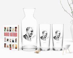 Kişiye Özel Renkli Baskılı Atatürk Temalı İkili Rakı Bardağı Karaf ve Cep Kitabı Hediye Seti-10