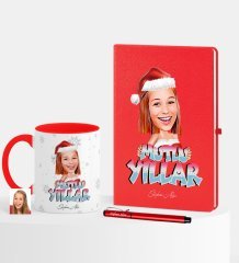 Kişiye Özel Yılbaşı Temalı Bayan Karikatürlü Kırmızı Defter Kalem Kupa Seti - 5