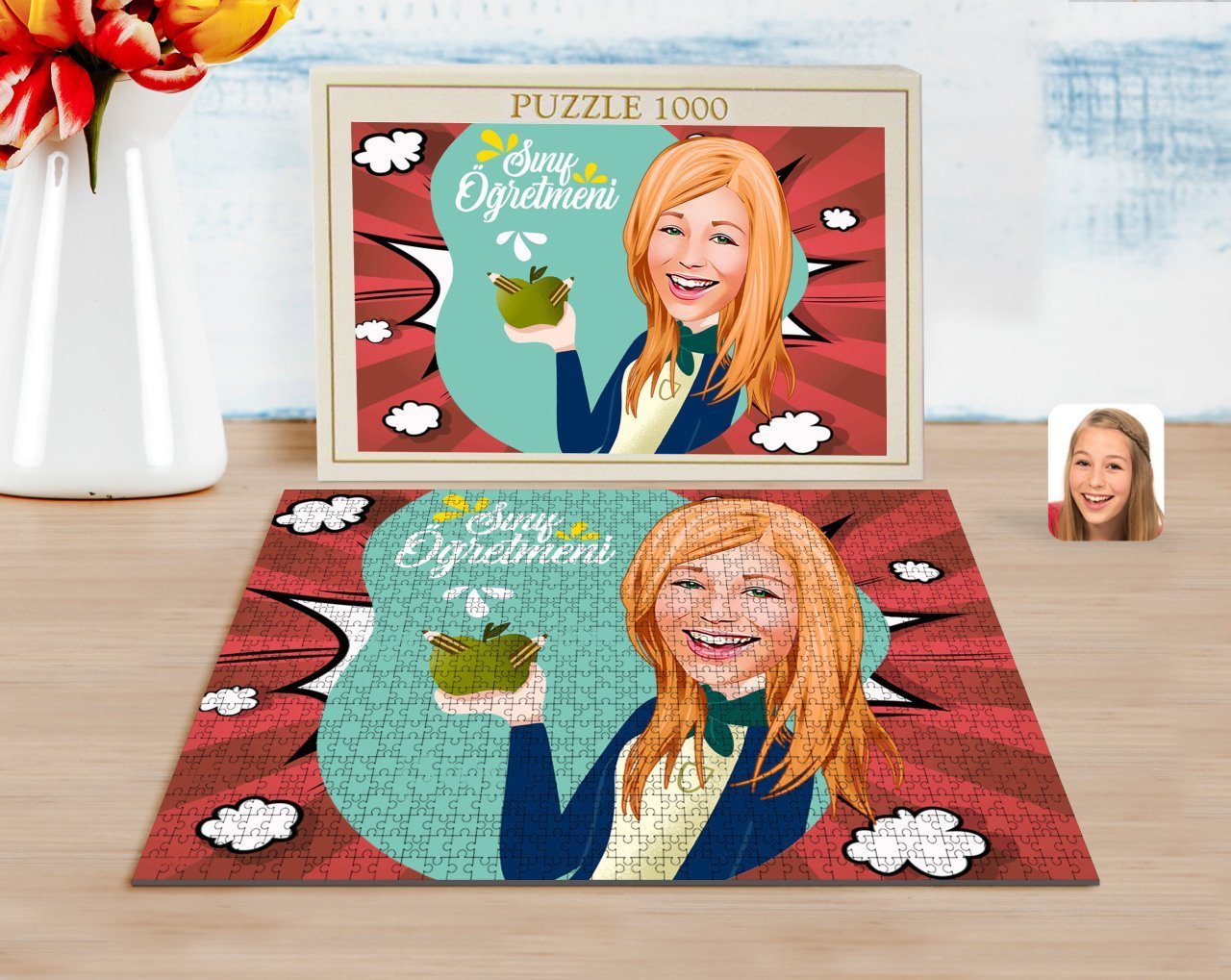 Kişiye Özel Kadın Sınıf Öğretmeni Karikatürlü 1000 Parça Profesyonel Puzzle-1