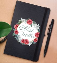 BK Gift Kişiye Özel Çiçek Tasarımlı Siyah Defter ve Metal Versatil Kalem(0,7 Kurşun) Hediye Seti-8