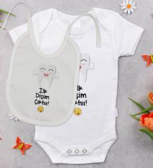 BK Kids İlk Dişim Çıktı Tasarımlı Bebek Body Zıbın ve Mama Önlüğü Hediye Seti - Model 1