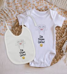 BK Kids İlk Dişim Çıktı Tasarımlı Bebek Body Zıbın ve Mama Önlüğü Hediye Seti - Model 1