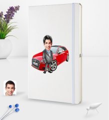 Kişiye Özel Plakalı Erkek Audi A3 Karikatürlü Beyaz Termo Deri Defter 16x24cm Model 2