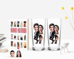 Kişiye Özel Renkli Baskılı Sevgililer Karikatürlü İkili Rakı Bardağı ve Rakı Cep Kitabı Hediye Seti-6