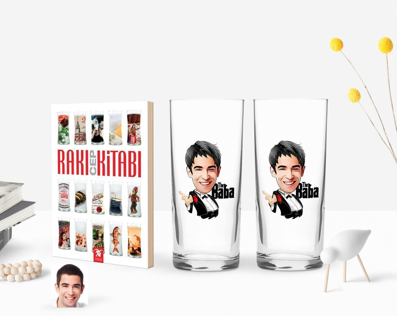 Kişiye Özel Renkli Baskılı Godfather Baba Karikatürlü İkili Rakı Bardağı ve Rakı Cep Kitabı Hediye Seti-2