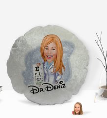 Kişiye Özel İsimli Kadın Göz Doktoru Karikatürlü Yuvarlak Dekoratif Kırlent Yastık-1
