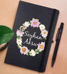 BK Gift Kişiye Özel Çiçek Tasarımlı Siyah Defter ve Metal Versatil Kalem(0,7 Kurşun) Hediye Seti-4