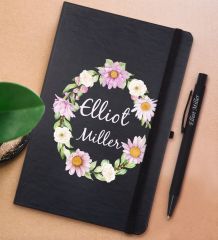 BK Gift Kişiye Özel Çiçek Tasarımlı Siyah Defter ve Metal Versatil Kalem(0,7 Kurşun) Hediye Seti-4
