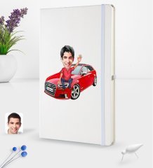 Kişiye Özel Plakalı Erkek Audi A3 Karikatürlü Beyaz Termo Deri Defter 16x24cm Model 1