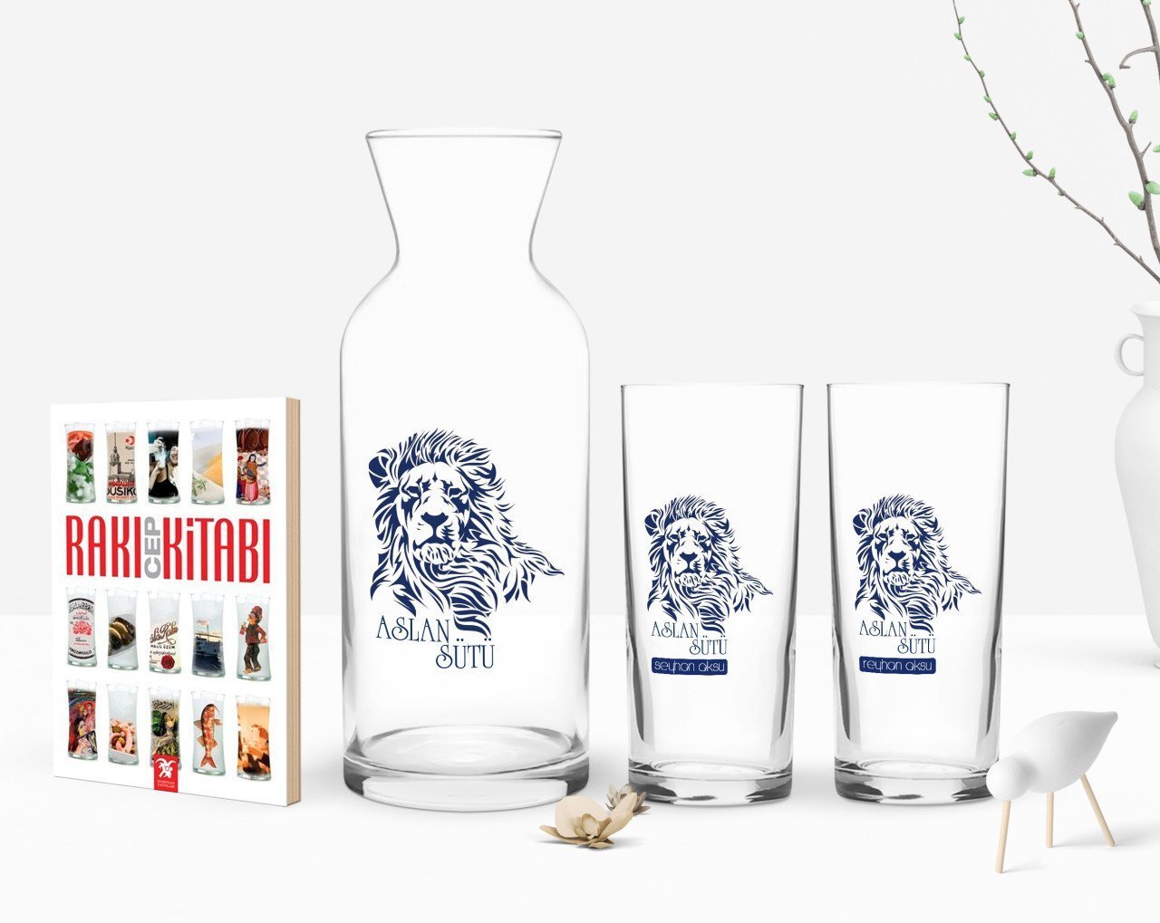 Kişiye Özel Renkli Baskılı Aslan Sütü Tasarımlı İkili Rakı Bardağı Karaf ve Cep Kitabı Hediye Seti-1