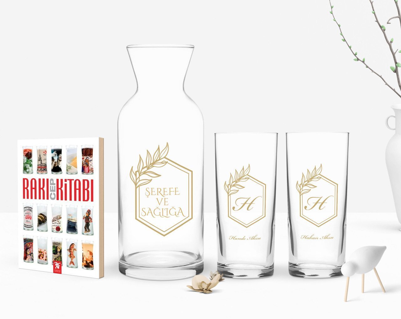 Kişiye Özel Renkli Baskılı Baş Harf İsim Tasarımlı Tasarımlı İkili Rakı Bardağı Karaf ve Cep Kitabı Hediye Seti-6