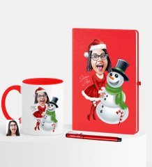 Kişiye Özel Yılbaşı Temalı Bayan Karikatürlü Kırmızı Defter Kalem Kupa Seti - 3