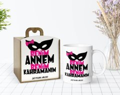Kişiye Özel Ahşap Kutuda Anneler Günü Temalı Benim Annem Bir Kahraman Tasarımlı Beyaz Kupa Bardak-2