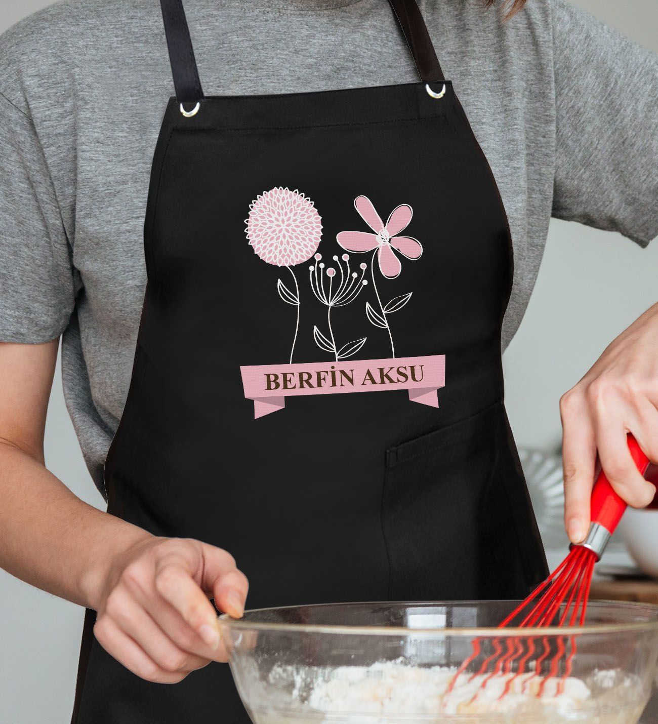 BK Gift Kişiye Özel İsimli Anneler Günü Tasarımlı Profesyonel Siyah Mutfak Önlüğü, Aşçı Önlüğü, Şef Önlüğü, Anneye Hediye-4