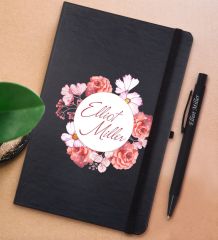 BK Gift Kişiye Özel Çiçek Tasarımlı Siyah Defter ve Metal Versatil Kalem(0,7 Kurşun) Hediye Seti-2