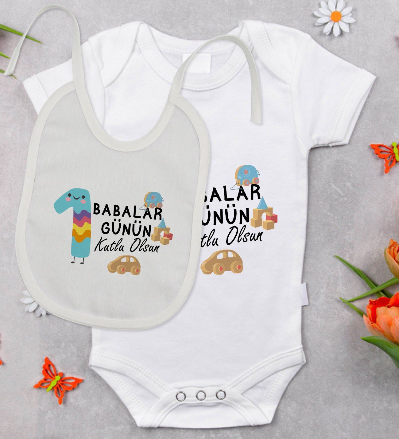 BK Kids İlk Babalar Günü Tasarımlı Bebek Body Zıbın ve Mama Önlüğü Hediye Seti - Model 4