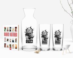 Kişiye Özel Renkli Baskılı Alemin Kralı Tasarımlı İkili Rakı Bardağı Karaf ve Cep Kitabı Hediye Seti-1
