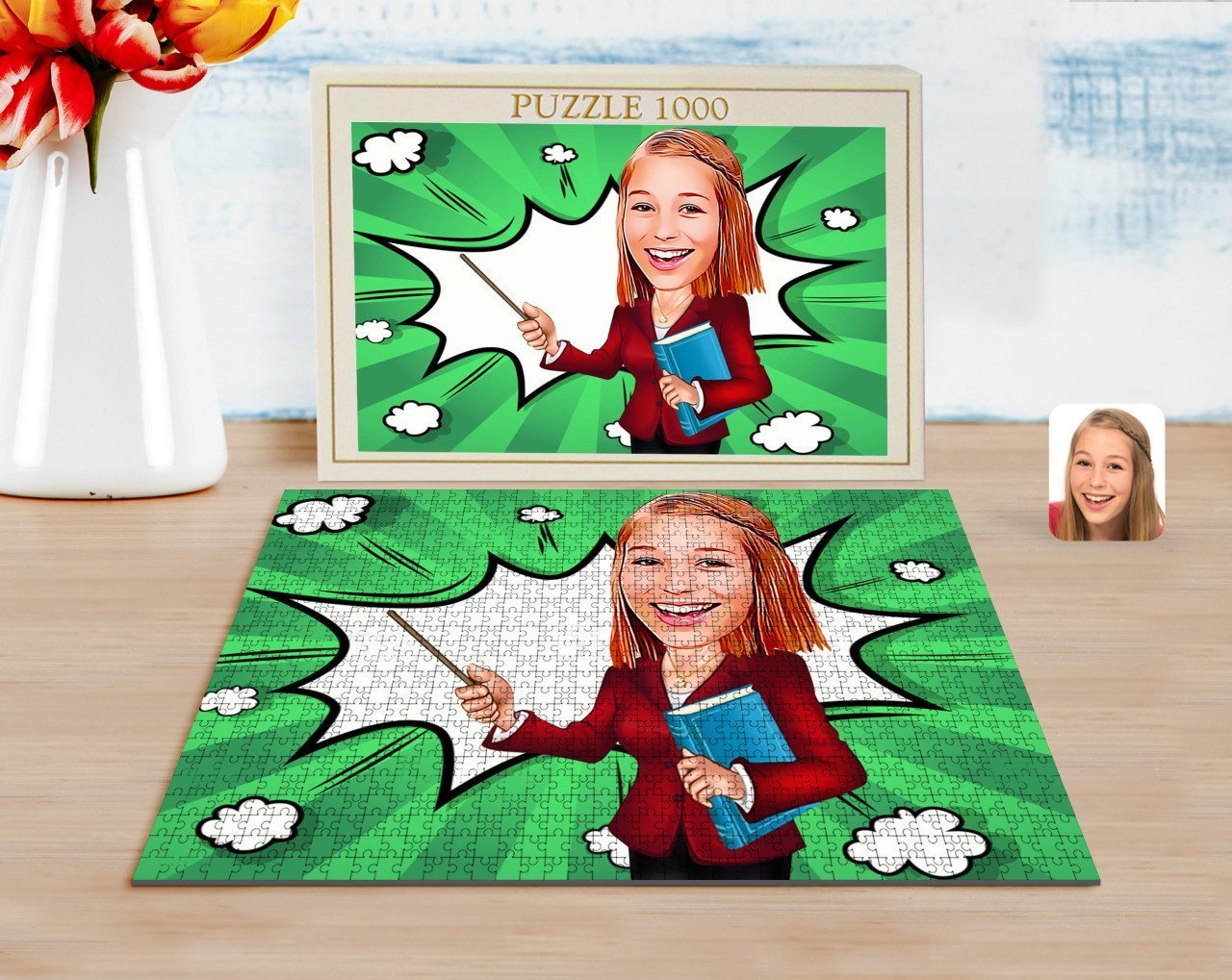 Kişiye Özel Kadın Öğretmen Karikatürlü 1000 Parça Profesyonel Puzzle-3