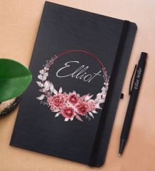 BK Gift Kişiye Özel Çiçek Tasarımlı Siyah Defter ve Metal Versatil Kalem(0,7 Kurşun) Hediye Seti-1