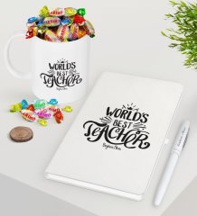 Kişiye Özel Dünyanın En İyi Öğretmeni Beyaz Defter Kalem Şekerli Kupa Seti-30