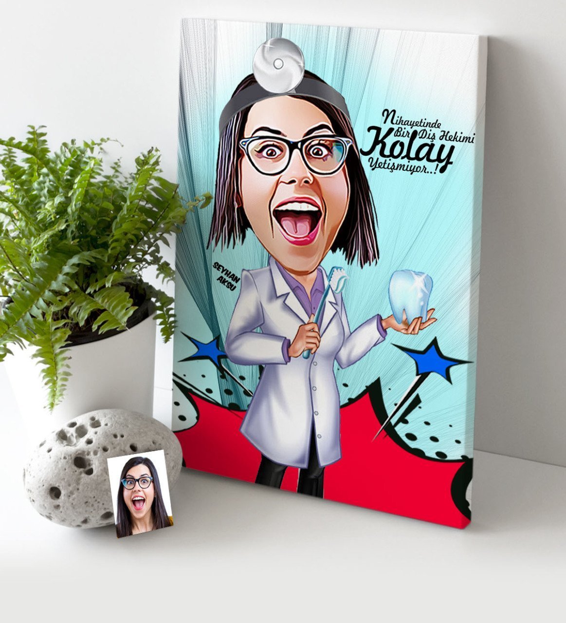 Kişiye Özel Bayan Diş Hekimi Karikatür Kanvas Tablo (30 x 50 cm.) 2