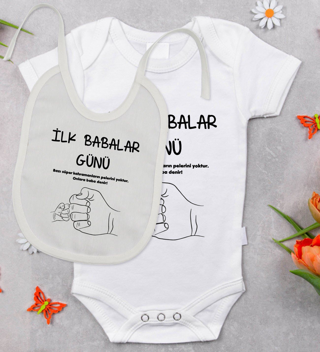BK Kids İlk Babalar Günü Tasarımlı Bebek Body Zıbın ve Mama Önlüğü Hediye Seti - Model 2