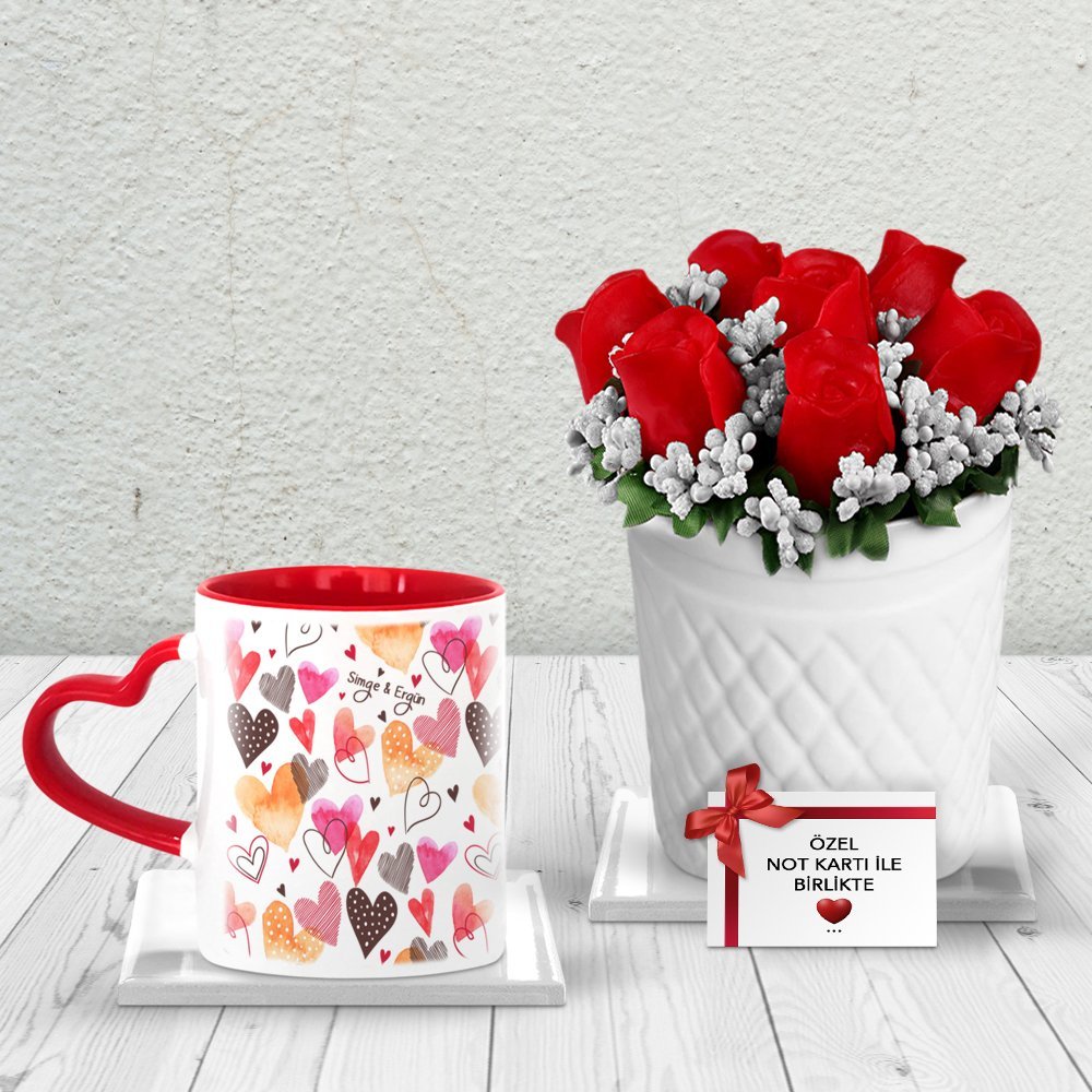 Kişiye Özel Kırmızı Güller Sabun Aranjmanı ve Kalpli Kupa Hediye Seti
