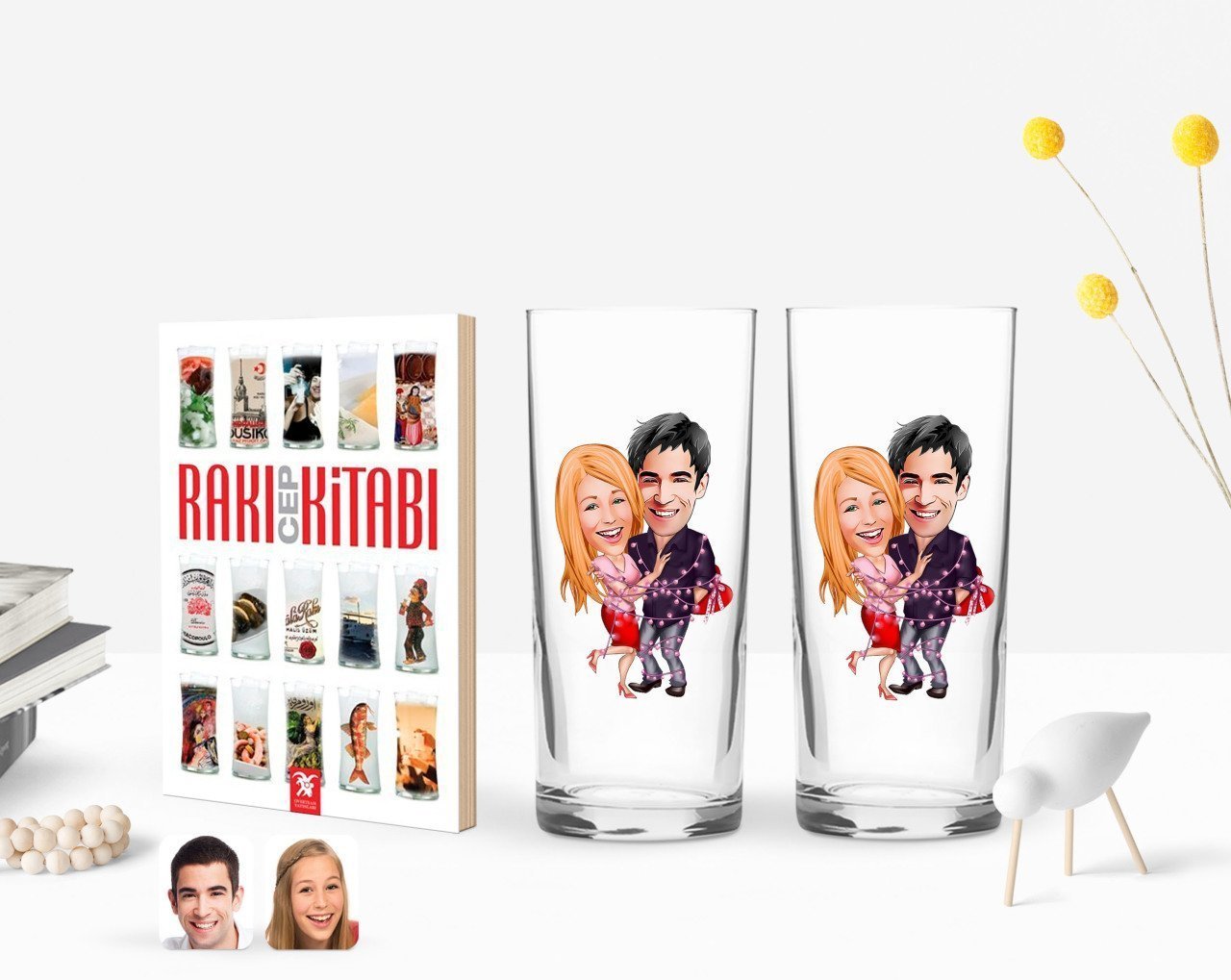 Kişiye Özel Renkli Baskılı Sevgililer Karikatürlü İkili Rakı Bardağı ve Rakı Cep Kitabı Hediye Seti-2