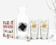 Kişiye Özel Renkli Baskılı Baş Harf İsim Tasarımlı Tasarımlı İkili Rakı Bardağı Karaf ve Cep Kitabı Hediye Seti-3