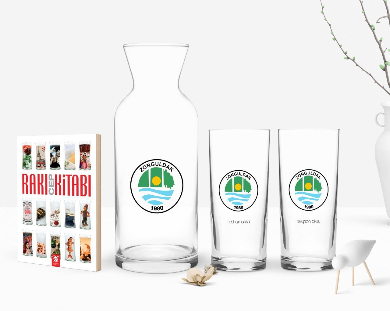 Kişiye Özel Renkli Baskılı Zonguldak Tasarımlı Turistik İkili Rakı Bardağı Karaf ve Cep Kitabı Hediye Seti-1