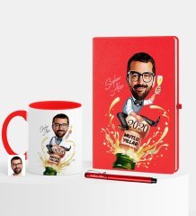 Kişiye Özel Yılbaşı Temalı Bay Karikatürlü Kırmızı Defter Kalem Kupa Seti - 6