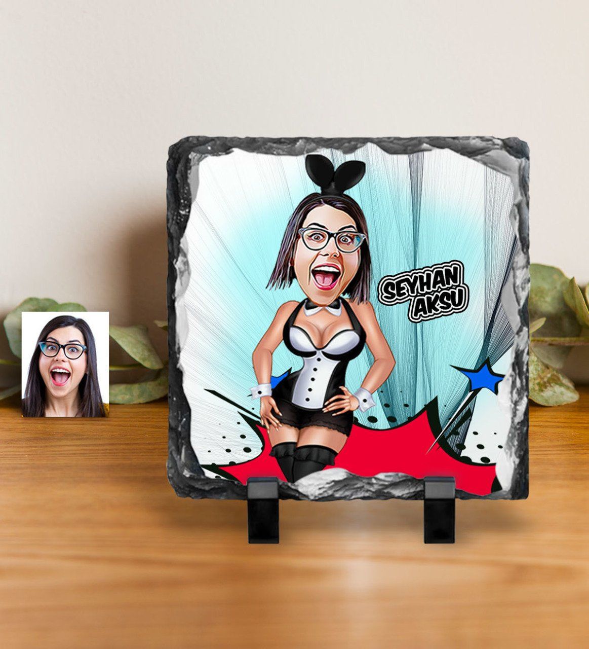 Kişiye Özel Tavşan Kız Karikatürlü Dekoratif Doğal Taş
