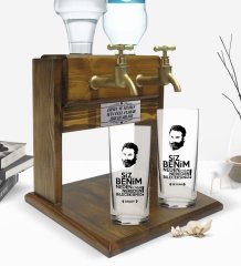 Kişiye Özel Renkli Baskılı Nereden Bileceksiniz Tasarımlı İkili Rakı Bardağı ve Çift Musluklu Doğal Ahşap Rakı Standı-1