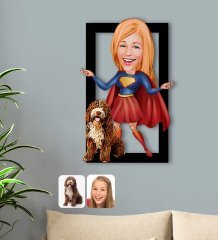 Kişiye Özel Evcil Dost ve Süper Kadın Karikatürlü 3D Ahşap Tablo-11