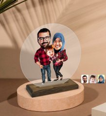 Kişiye Özel Tesettürlü Aile Karikatürlü Yuvarlak Ahşap Standlı Biblo-2