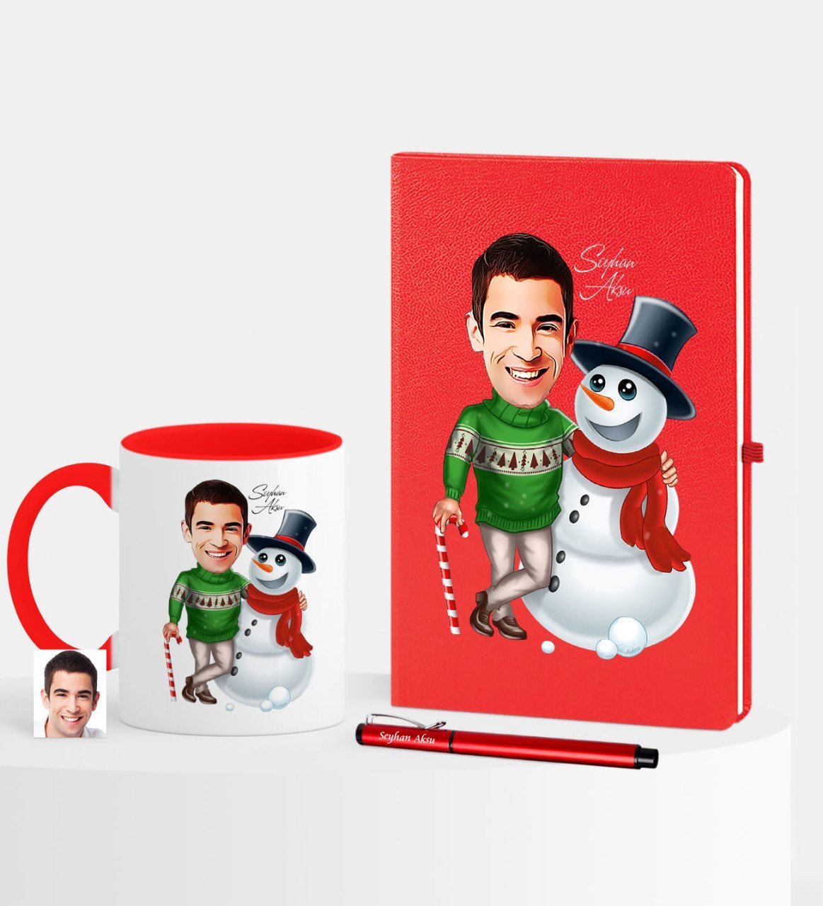 Kişiye Özel Yılbaşı Temalı Bay Karikatürlü Kırmızı Defter Kalem Kupa Seti - 5