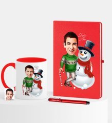 Kişiye Özel Yılbaşı Temalı Bay Karikatürlü Kırmızı Defter Kalem Kupa Seti - 5