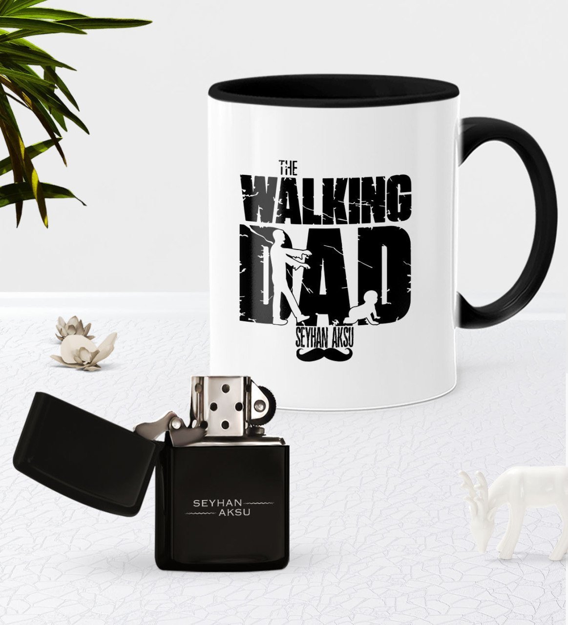 Kişiye Özel The Walking Dad Siyah Kupa Bardak Benzinli Metal Çakmak Seti