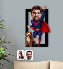 Kişiye Özel Evcil Dost ve Süper Adam Karikatürlü 3D Ahşap Tablo-10