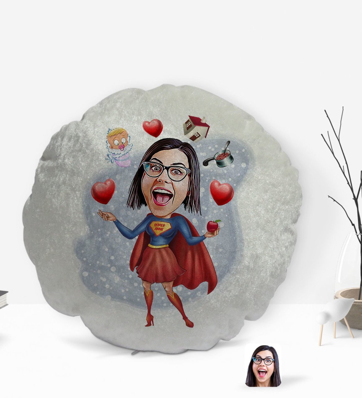 Kişiye Özel Süper Anne Karikatürlü Yuvarlak Dekoratif Kırlent Yastık-1