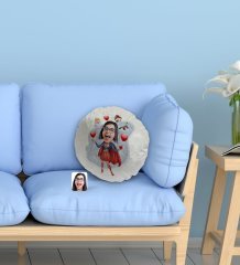 Kişiye Özel Süper Anne Karikatürlü Yuvarlak Dekoratif Kırlent Yastık-1