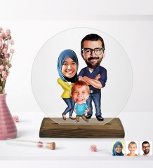 Kişiye Özel Tesettürlü Aile Karikatürlü Yuvarlak Ahşap Standlı Biblo-1