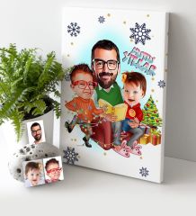 Kişiye Özel Yılbaşı Temalı Aile Karikatürlü Kanvas Tablo (30 x 50 cm.) - 1