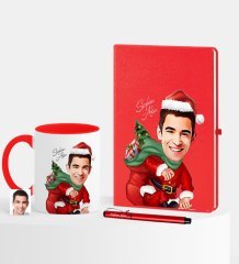 Kişiye Özel Yılbaşı Temalı Bay Karikatürlü Kırmızı Defter Kalem Kupa Seti - 4