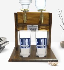 Kişiye Özel Renkli Baskılı İstanbul Tasarımlı İkili Rakı Bardağı ve Çift Musluklu Doğal Ahşap Rakı Standı-2