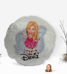Kişiye Özel İsimli Kadın Doğum Günü Karikatürlü Yuvarlak Dekoratif Kırlent Yastık-1