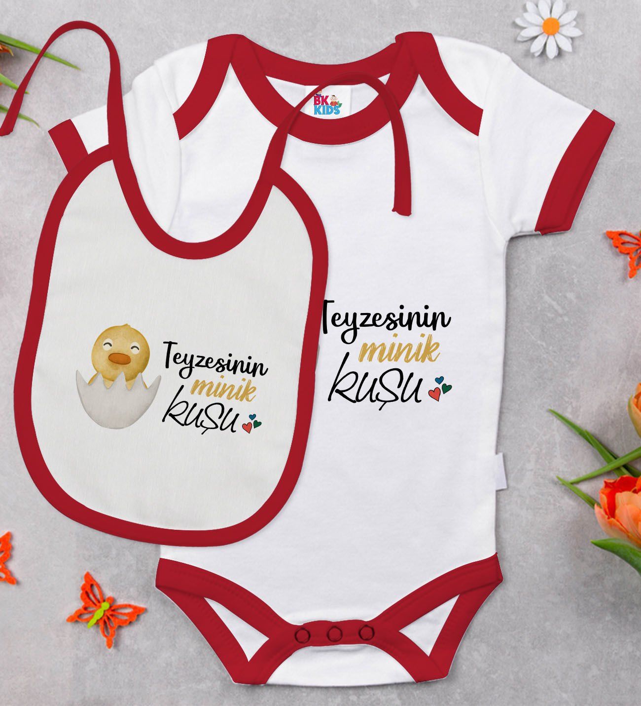 BK Kids Teyzesinin Minik Kuşu Tasarımlı Kırmızı Bebek Body Zıbın ve Mama Önlüğü Hediye Seti-1