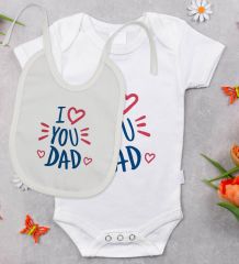 BK Kids I Love You Dad Tasarımlı Bebek Body Zıbın ve Mama Önlüğü Hediye Seti - Model 2