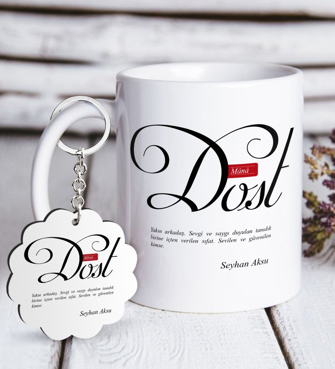 Kişiye Özel Mânâ Dost Beyaz Kupa ve Anahtarlık Hediye Seti